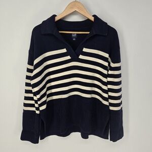 GAP Womens Small S Oversized Pullover Polo Collar Sweater Stripe Navy Blue Tan